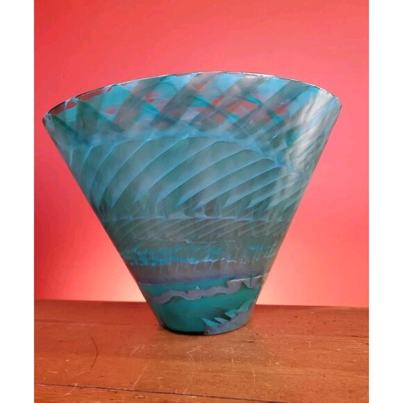 Murano Aquamarine Swirl Ocean Glass Vase Green Vintage Rare Labeled Italy Bowl - Picture 2 of 11